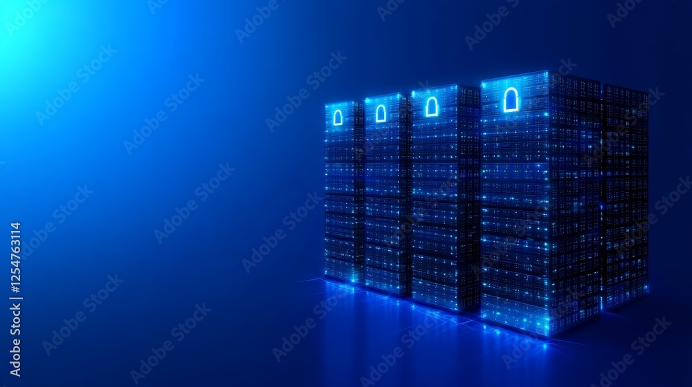Poster high-tech data storage system with advanced security features and blue lighting effect in modern dig