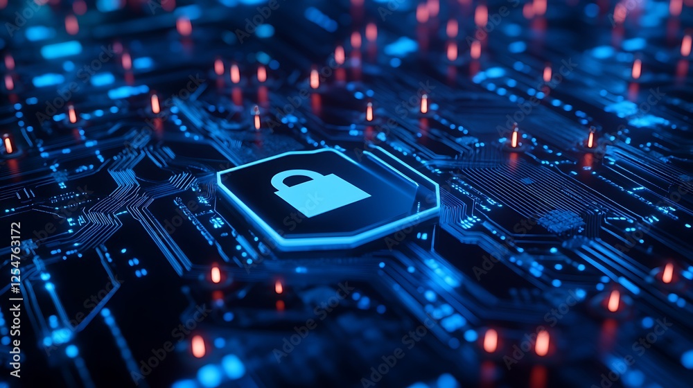 Poster high-tech digital security concept with abstract microchip and padlock symbol on futuristic circuit 