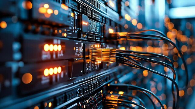 The cables connected to computers in a server rack in a server room with modern equipment, Electrical cables fiber-optic internet connections for a data system	
