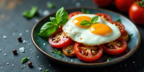 Aromatic Fried Eggs Served on a Bed of Fresh Tomato Slices and Basil