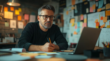 Obraz premium A middle-aged man with glasses is drawing on Post-it notes while sitting at his desk in an office, surrounded by papers and laptops. He has short hair and wears black . The room ex