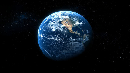 Obraz premium A beautiful blue view of Earth from space. You can see clouds, oceans, deserts, and continents. Behind the Earth is black and vast space.