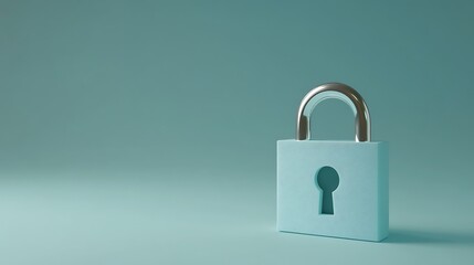 Fototapeta premium Minimalist design of a padlock in soft blue color on a light turquoise background, symbolizing security and protection