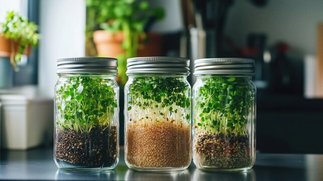 Sprouting jars with microgreens in a sunlit kitchen