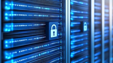 Modern Data Center Security Concept With Blinking Blue Lights and Lock Symbol on Server Racks