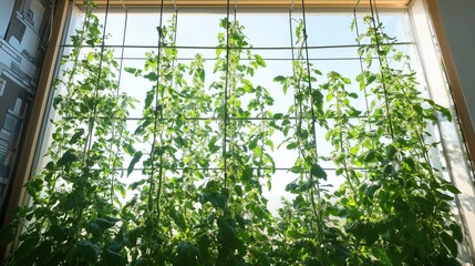 Naklejka premium Vertical indoor garden with green plants near large window