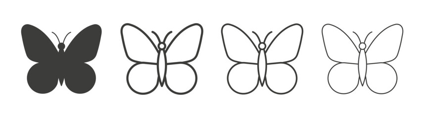 Butterfly icons set. Liner outlined and flat black color