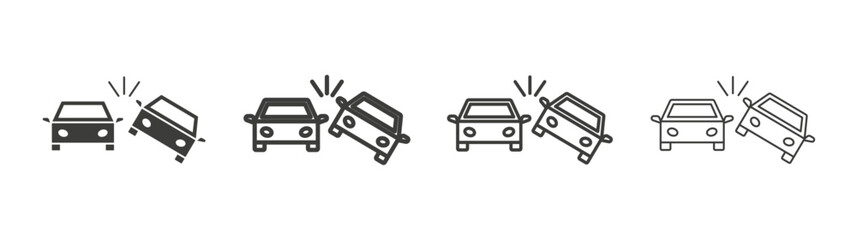 Car crash icons set. Liner outlined and flat black color
