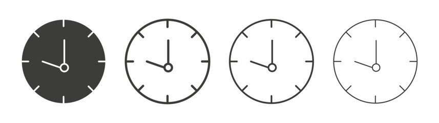 Clock icons set. Liner outlined and flat black color