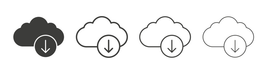 Cloud download icons set. Liner outlined and flat black color