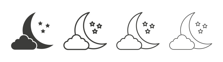 Cloud moon icons set. Liner outlined and flat black color