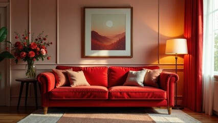 Red velvet sofa in a sunlit living room with red curtains and floral arrangement