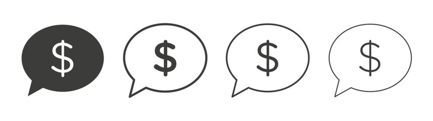 Comment dollar icons set. Liner outlined and flat black color