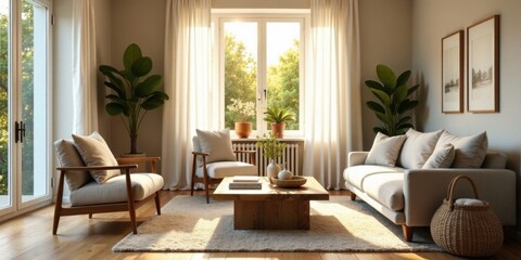 Serene Living Room with Sunlight Streaming Through Sheer Curtains and Natural Decor