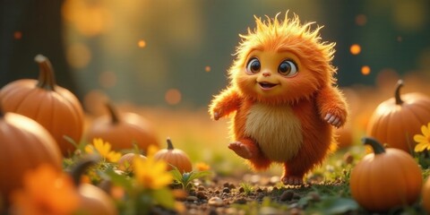 A fluffy orange creature joyfully skips through a field of autumn pumpkins at sunset, enjoying the vibrant seasonal colors and the crisp autumn air.
