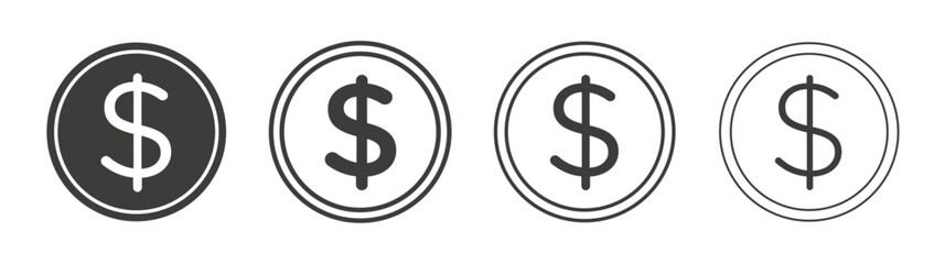 Dollar icons set. Liner outlined and flat black color