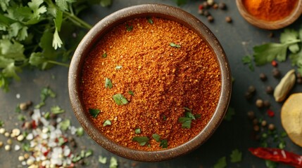 A bowl of vibrant spice mix surrounded by fresh herbs and spices on a rustic surface.