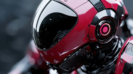 Fototapeta premium A futuristic red robot head with a sleek design and glossy finish, showcasing advanced technology and intricate detailing.