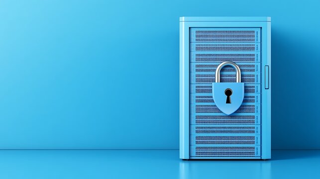 Modern secure server cabinet with bright blue background and padlock for data protection and cybersecurity concepts