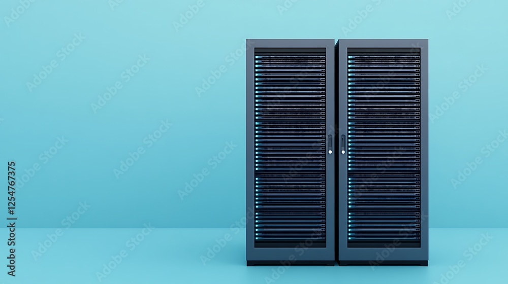 Poster modern server rack with blue background in minimalist data center environment for technology and com