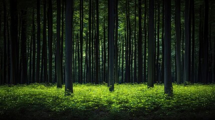Obraz premium Glow forest idea. Lush green forest with tall trees and vibrant foliage, perfect for nature inspiration.