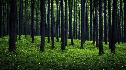 Fototapeta premium Glow forest idea. A serene forest scene with tall trees and lush green undergrowth.