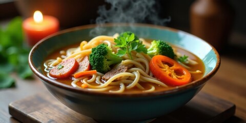 Aromatic Steaming Vegetable and Pasta Soup in a Rustic Bowl with a Warm Candlelight Ambiance