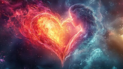 A cosmic heart intertwines with a silhouette of a woman in vibrant colors.