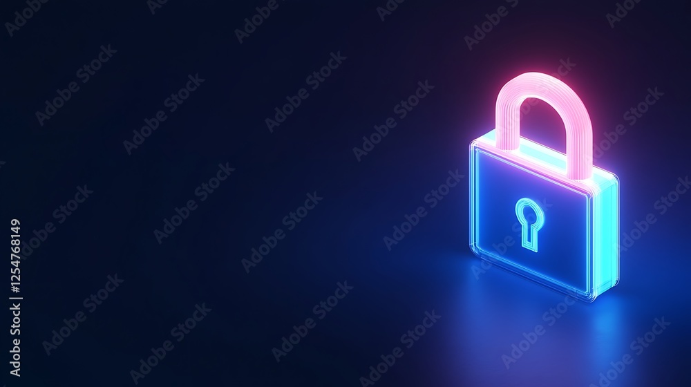 Poster neon illuminated lock with keyhole on dark background representing security and protection concepts 