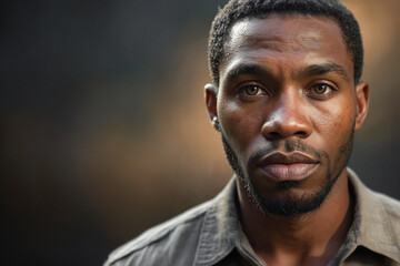 Portrait of a young, dark-skinned man, looking at the camera. AI generated. Copy space. Thoughtful African American man. People lifestyle concept
