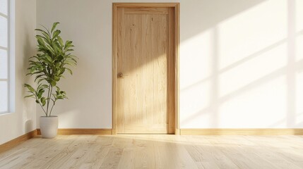 A bright, minimalist interior featuring a wooden door, natural light, and a potted plant, creating a serene atmosphere.