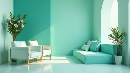 Serene aqua-toned living space featuring minimalist seating and vibrant potted plants, bathed in sunlight streaming through an arched window