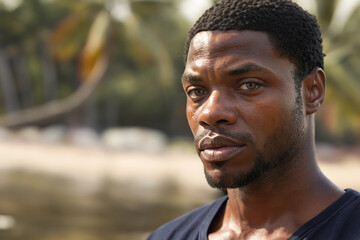 Portrait of a young, dark-skinned man, looking at the camera. AI generated. Copy space. Thoughtful African American man. People lifestyle concept