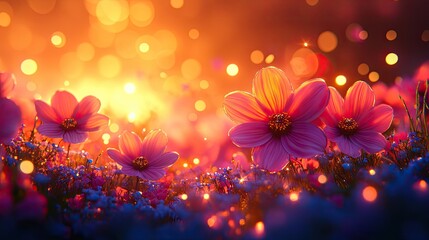 Vibrant field of blooming flowers at sunset, with glowing bokeh lights in the background
