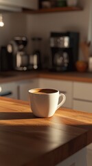 Obraz premium Sunlight pours into a charming kitchen, illuminating a white coffee cup filled with rich brew. A warm glow embraces the wooden countertop, creating an inviting morning setting