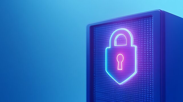 Neon Lock Symbol on a Digital Background Representing Data Protection and Cybersecurity in Modern Technology