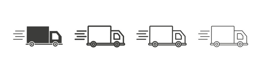 Moving truck icons set. Liner outlined and flat black color