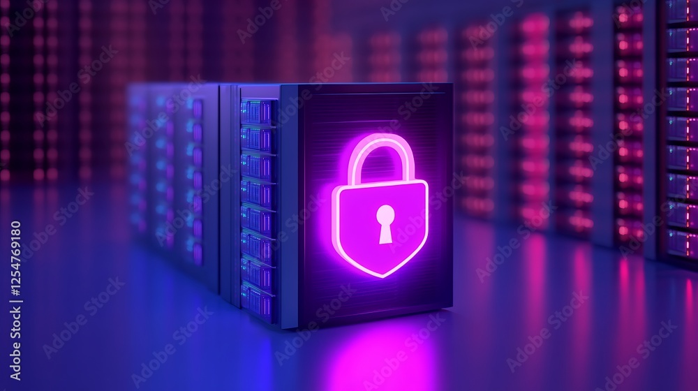Poster neon secure data storage server with lock icon and futuristic background in digital environment