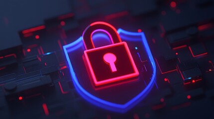 Neon Shield with Lock Symbol Representing Digital Security and Protection Against Cyber Threats