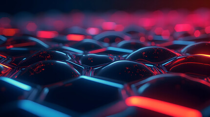 Obraz premium Abstract Futuristic Dark Hexagon Pattern with Red and Blue Neon Lighting: Modern Tech Background, Sci-Fi Texture, Geometric Design, Cyberpunk Aesthetic
