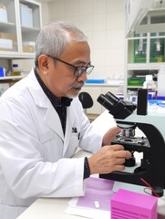 Scientist examining samples under a microscope in a modern laboratory filled with equipment and supplies