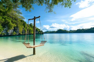 Obraz premium Tranquil tropical beach scene with wooden swing on sunny day