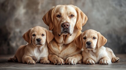 Fototapeta premium Adorable labrador family with adult dog and two puppies resting together