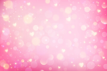 Pink background with bokeh and hearts. Cute pastel gradient girly blurred Valentine Day card design. Lovely dreamy vector wallpaper with soft fairy light. Lilac glittering backdrop