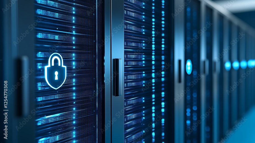 Poster secure data center with closed server racks and digital lock icons emphasizing cybersecurity measure
