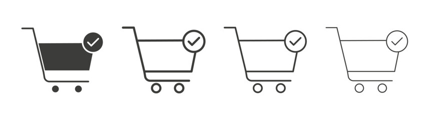 Shopping cart check icons set. Liner outlined and flat black color