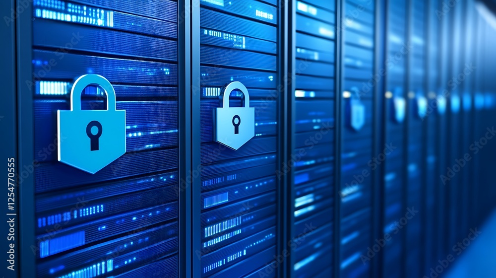 Poster secure data center with lock symbols on blue server racks representing enhanced cybersecurity protec