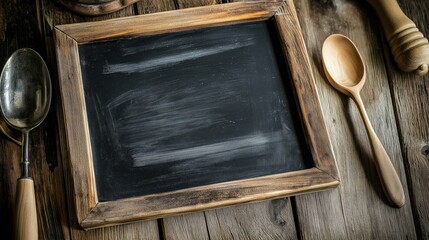 Menu board and wooden spoons on wooden background