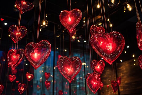 a group of red hearts hanging from a string in a room filled with boket lights and a string of red hearts hanging from the ceiling