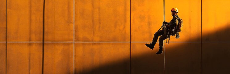 Rope access technician expertly descends a vibrant orange wall at sunset